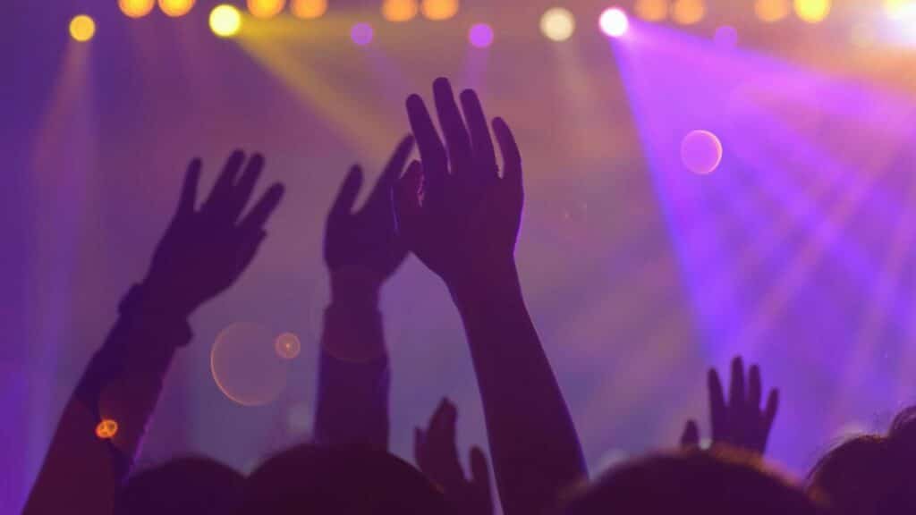 Silhouettes of a lively audience with raised hands at an energetic nightclub event.