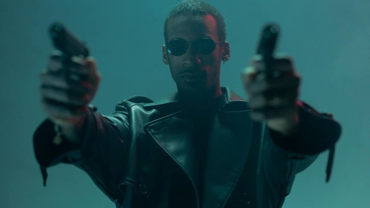 Conceptual cyberpunk image featuring an individual in a leather coat holding guns, evoking a futuristic theme.