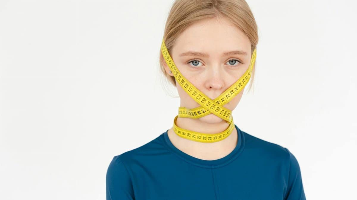 Unhappy young female with centimeter tape on face looking at camera while standing on white background in studio during weight loss