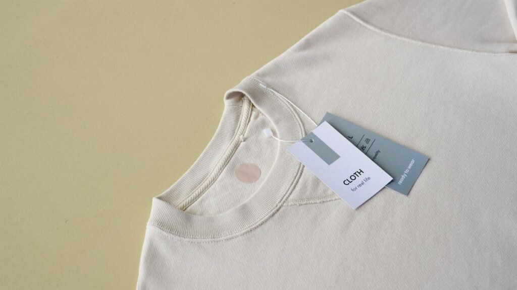 Minimalist beige sweatshirt displayed with tags on a yellow background, perfect for e-commerce.