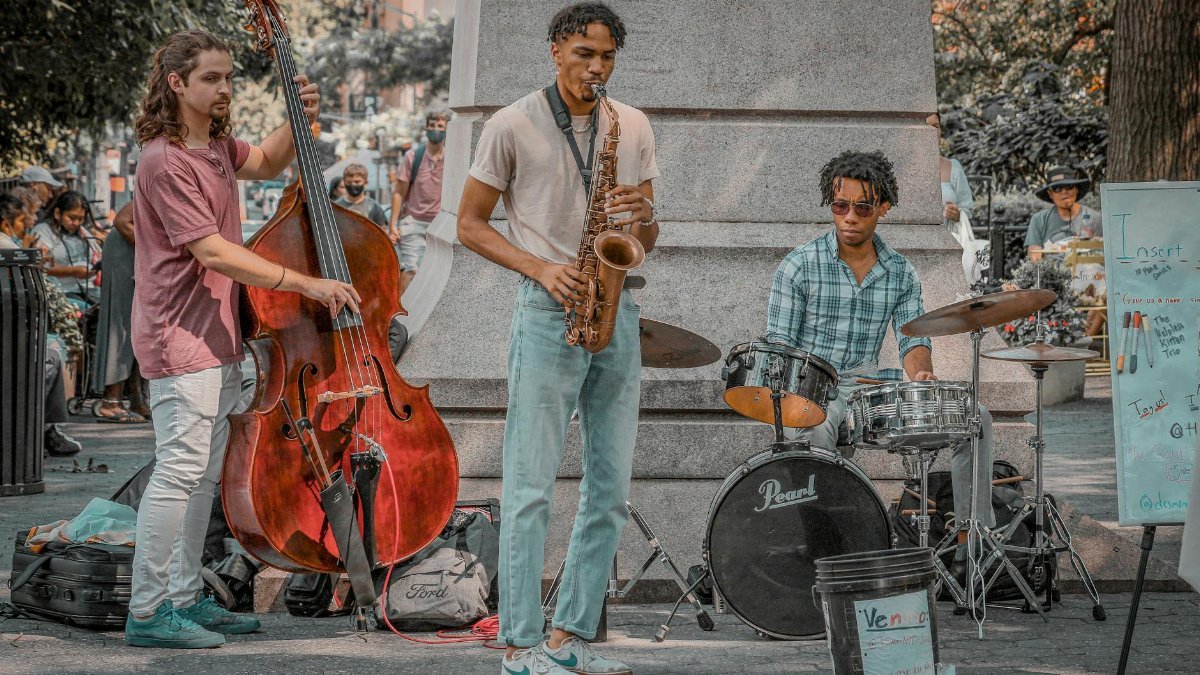 Talented street musicians performing live jazz in a vibrant New York park.