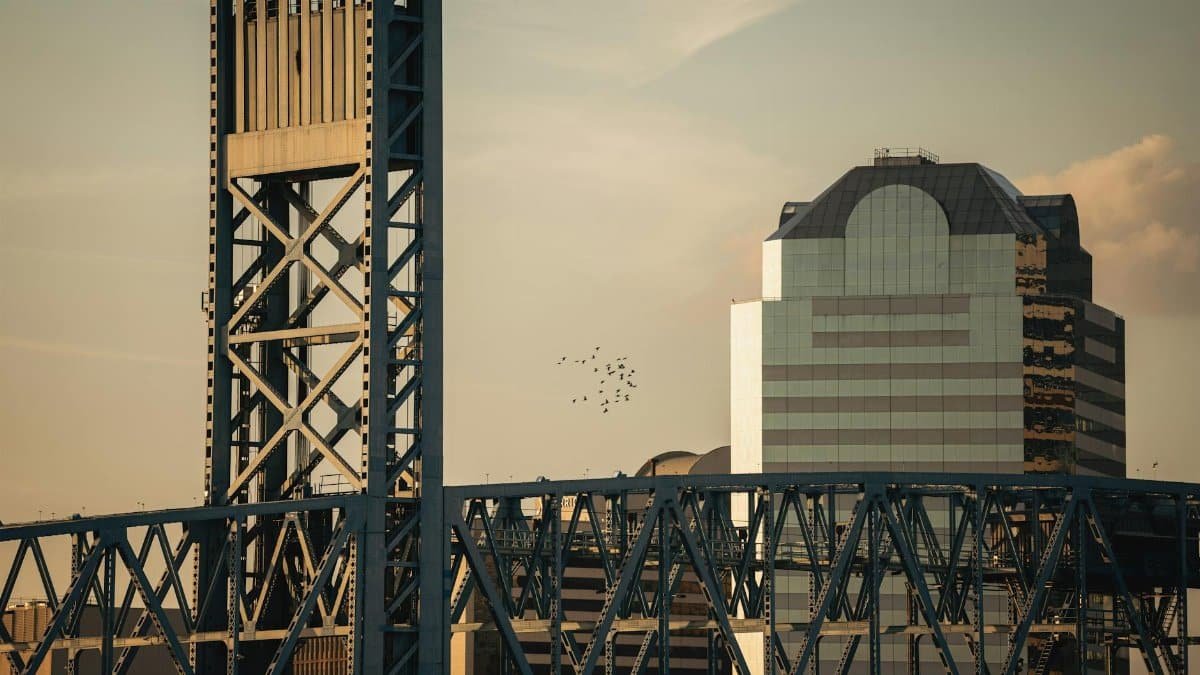 Urban scene in Jacksonville with steel bridge and modern building during sunset, featuring birds in flight.