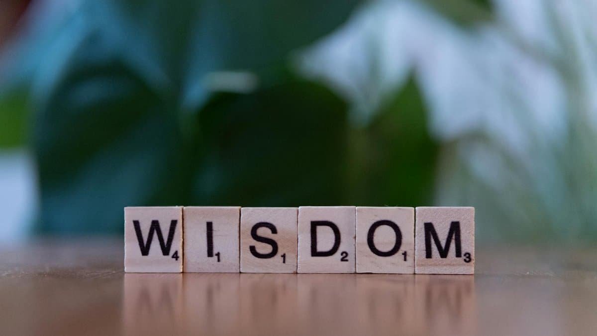 Wooden Scrabble tiles spelling wisdom, symbol of knowledge and insight.
