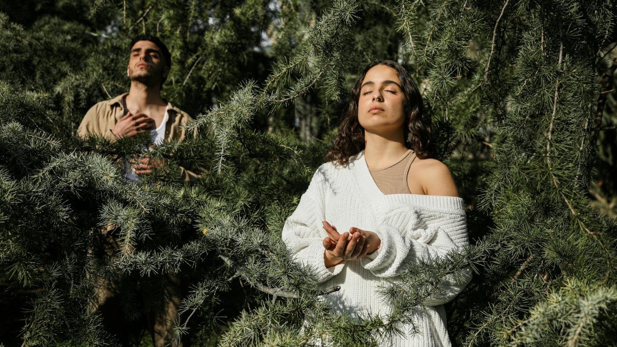 Two adults meditate peacefully amidst lush green trees in a forest.