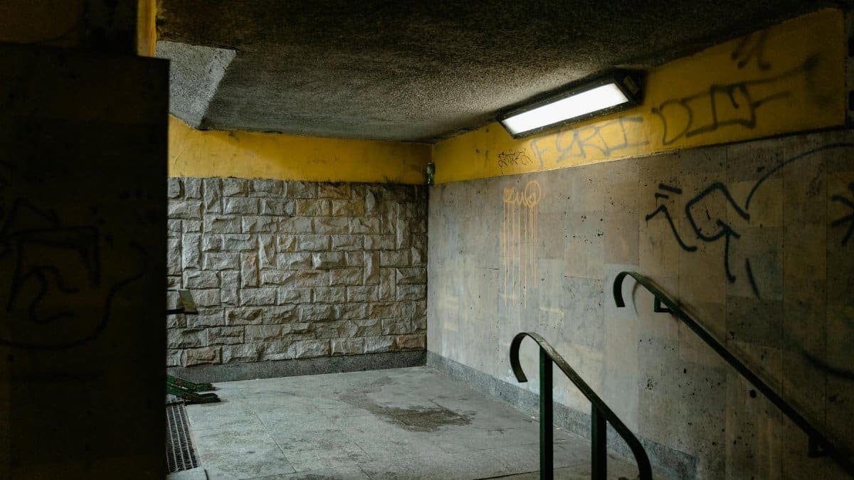 Moody image of a dimly lit, graffiti-covered underground passage showing urban decay.