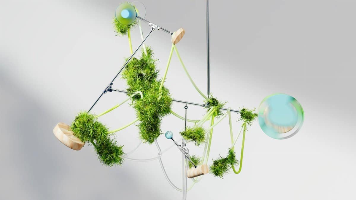 Abstract art installation featuring moss and futuristic design elements, highlighting balance and growth.