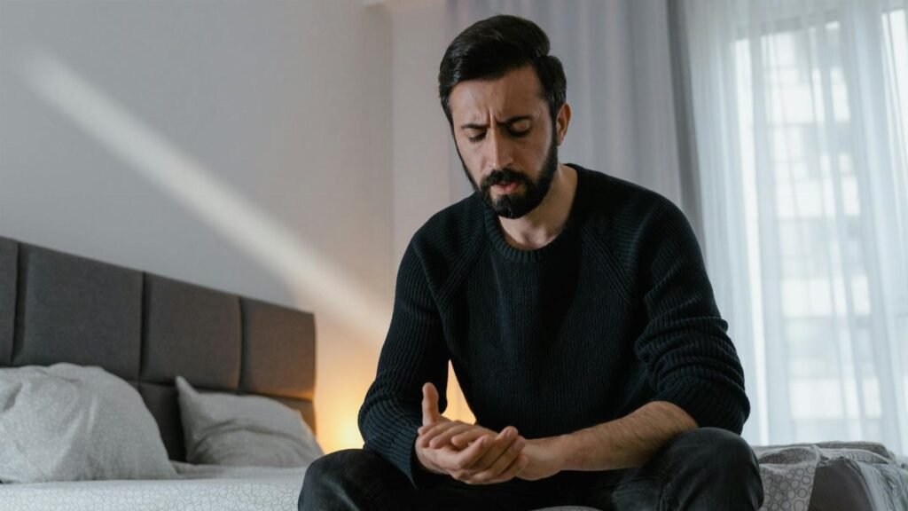 A worried man in a black sweater sits on a bed in a bright room, expressing stress.