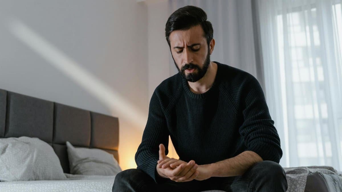 A worried man in a black sweater sits on a bed in a bright room, expressing stress.