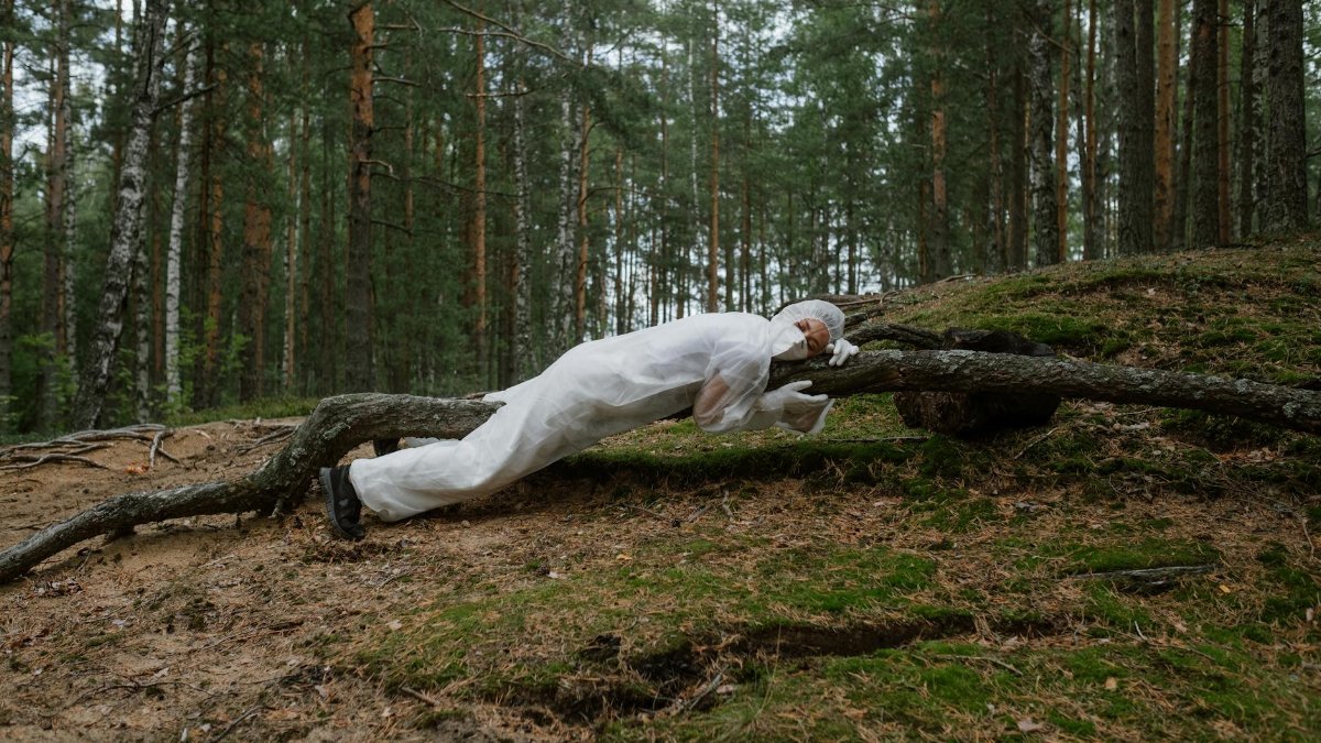 Person in protective gear embracing a tree in a forest, symbolizing environmental care and nature protection.