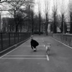 A person skateboards with a dog on an urban street, captured in black and white.