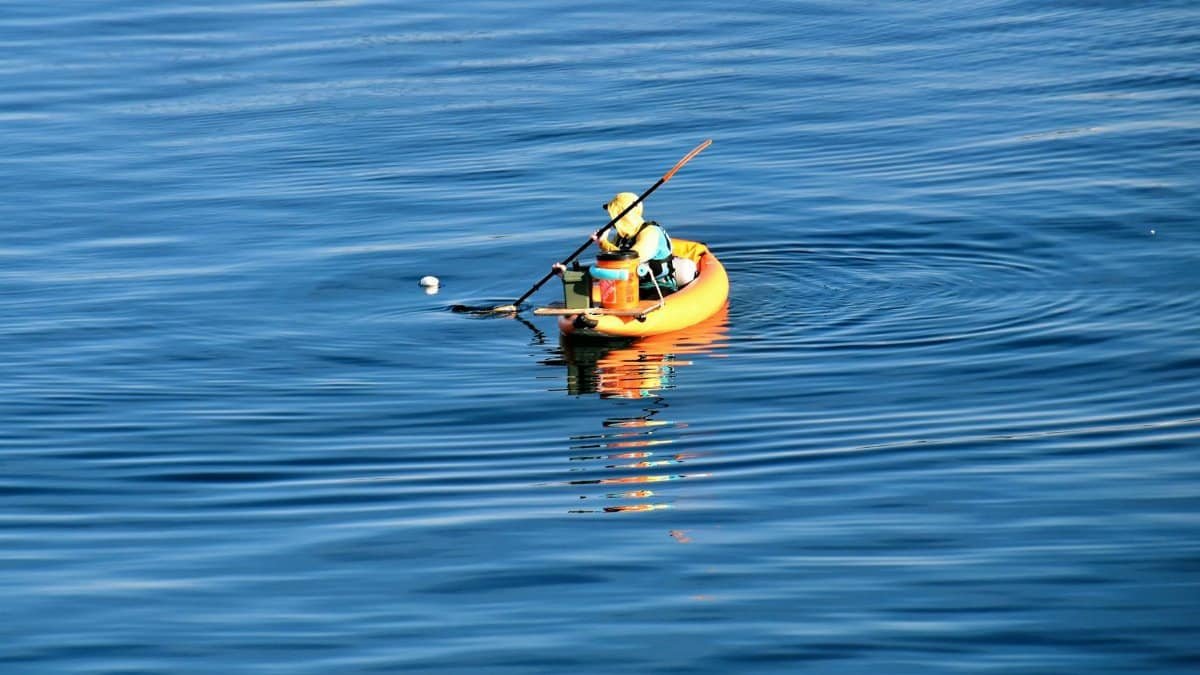 A lone kayaker paddles on calm waters in Port Angeles, Washington, on a sunny day.