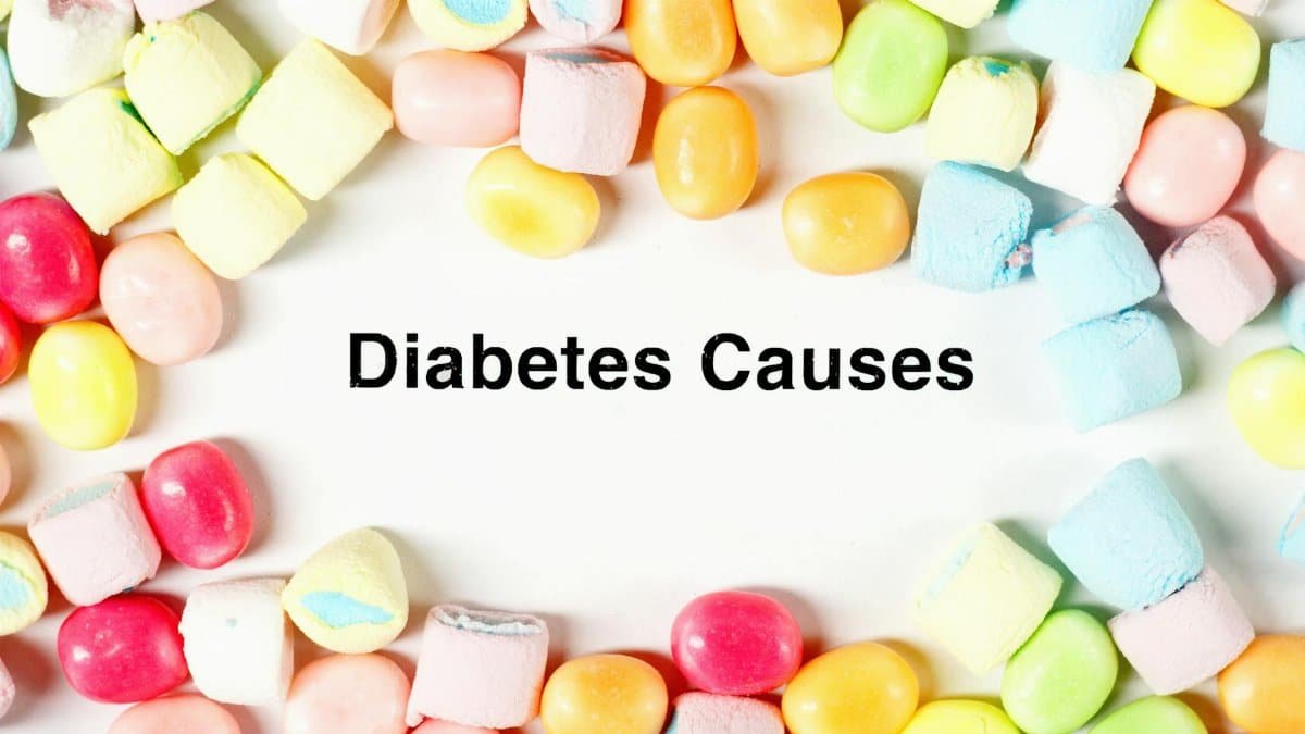 High sugar candies symbolizing diabetes causes with space for text.