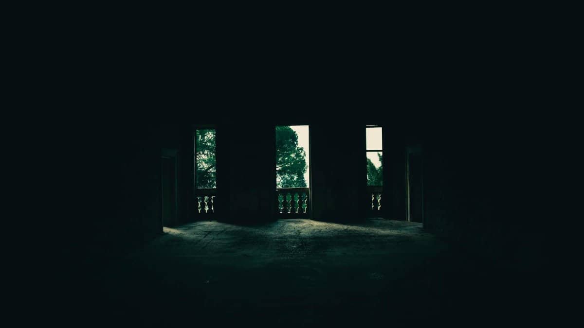 Eerie interior of an empty building with windows showing trees outside, evoking mystery.