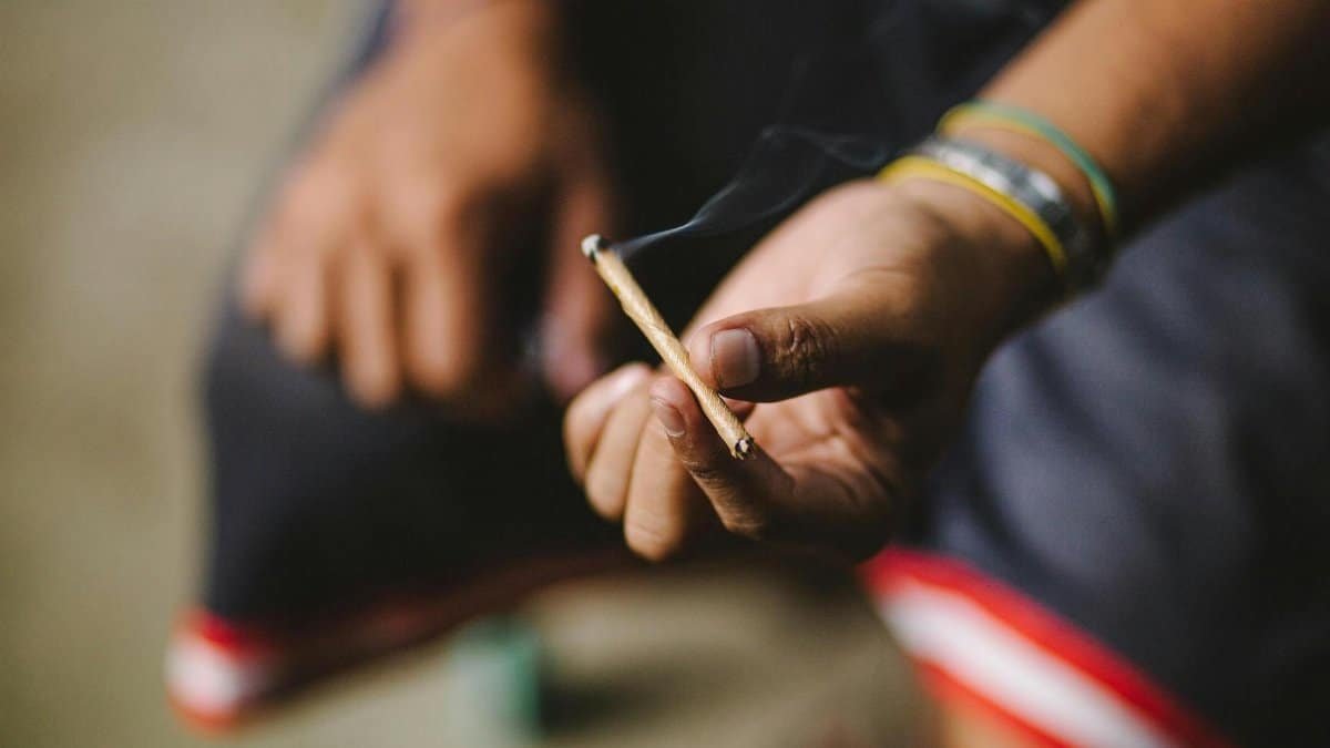 A hand holding a lit cigarillo with smoke, focused on cultural themes.