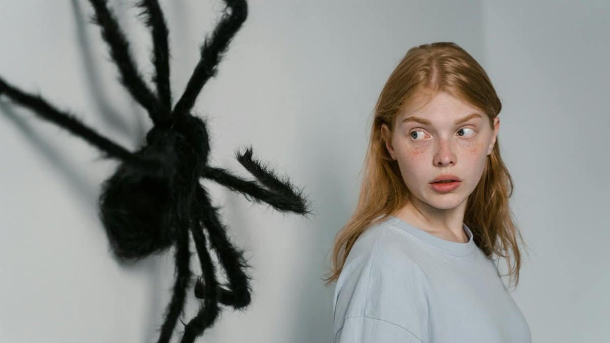 A woman shows fear as she encounters a large wall-mounted spider, highlighting themes of anxiety.