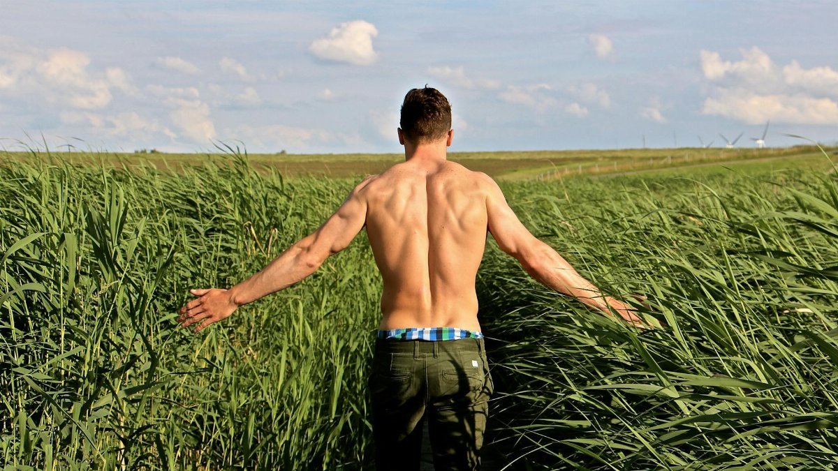 A muscular man walks through a lush green field, enjoying the windy countryside and scenic sky.