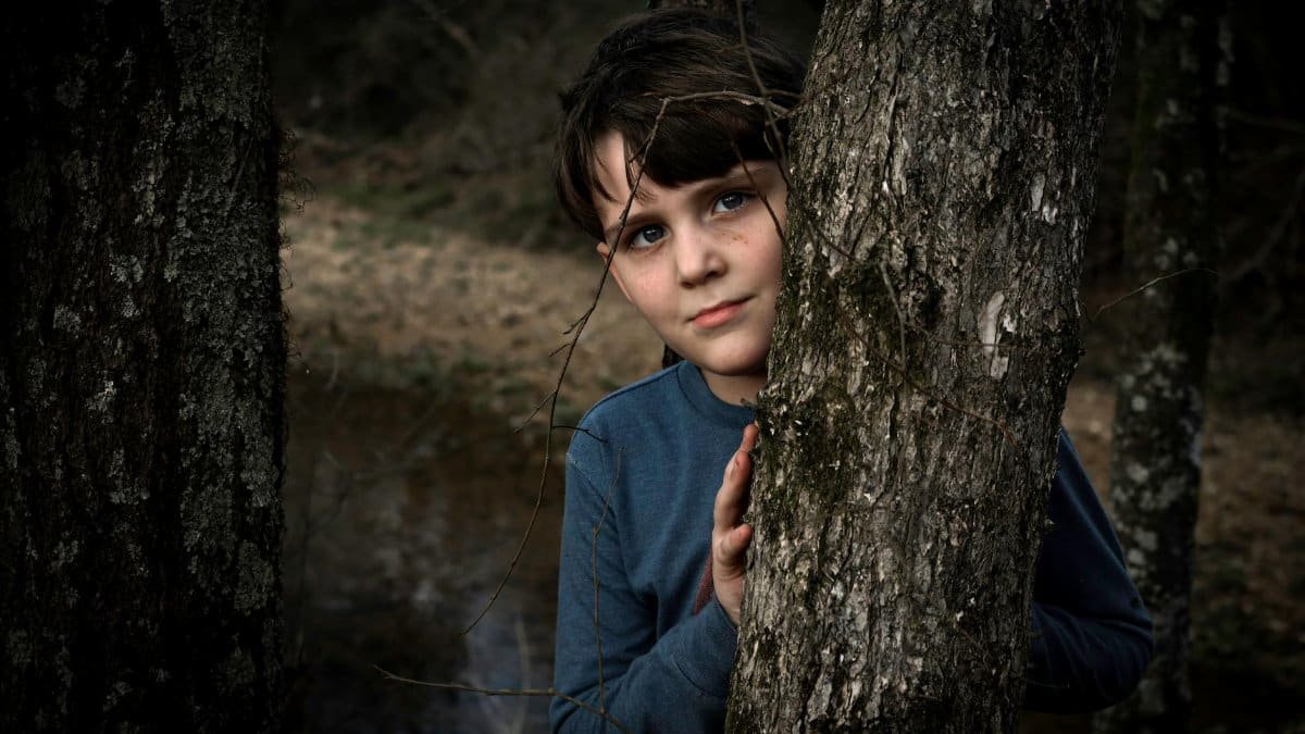 Young child peeking from behind a tree in a wooded area, showcasing innocence and nature.