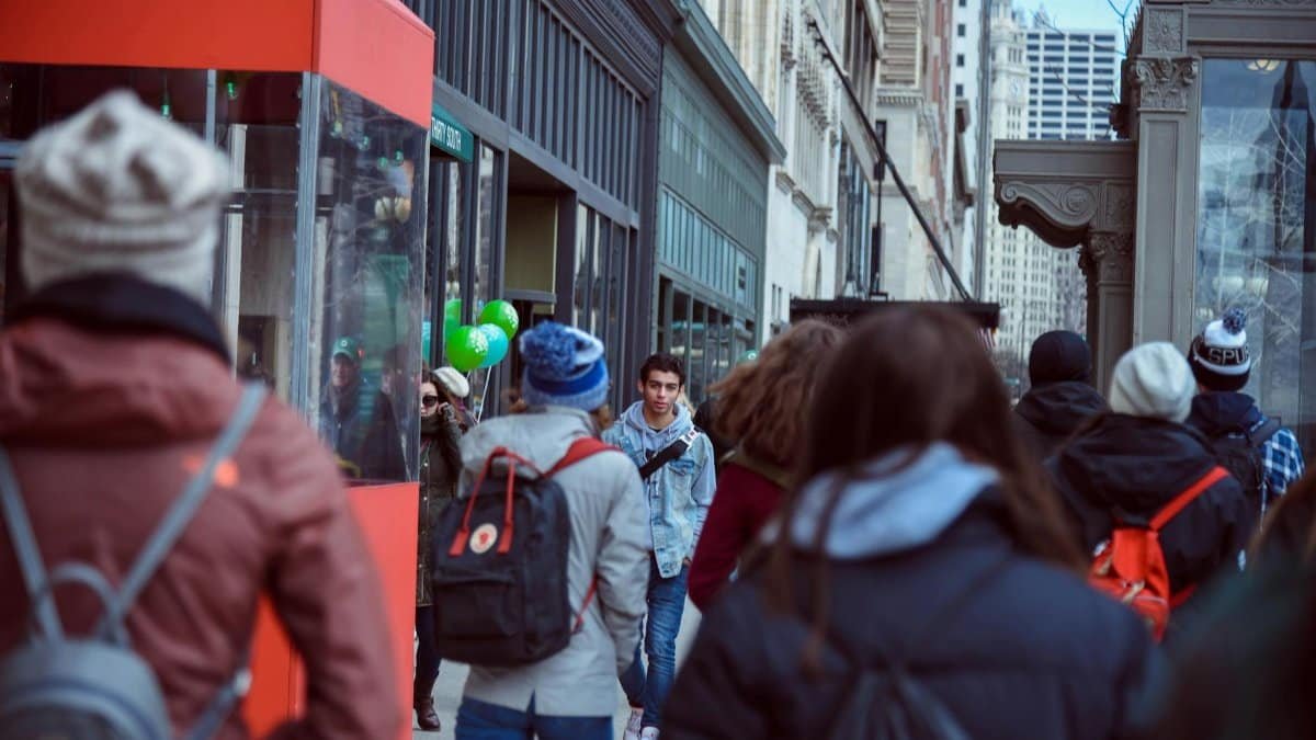 Busy urban street in Chicago capturing city life and winter fashion.