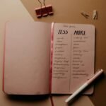 Open notebook with a list of goals under 'Less' and 'More', pen beside it, on a brown background.