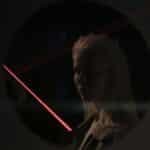 Mysterious portrait of a woman with neon lighting and reflections, evoking a futuristic mood.