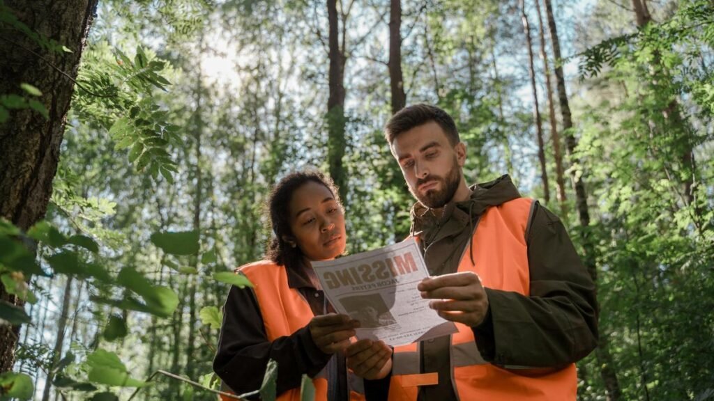 Two forestry workers in safety gear examine a missing person flyer in a sunlit forest.