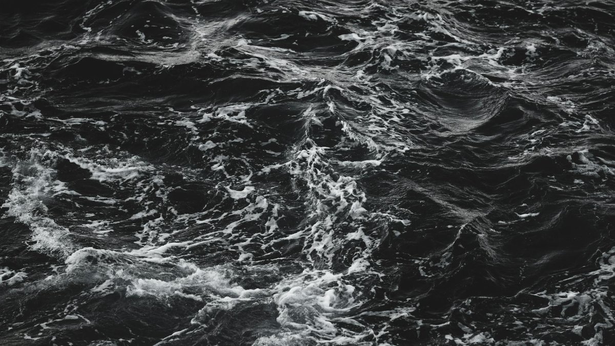 Monochrome image of turbulent ocean waves showing intricate textures and movement.