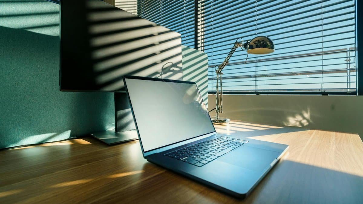 Office Workspace Laptop Monitor Daylight screen mockup