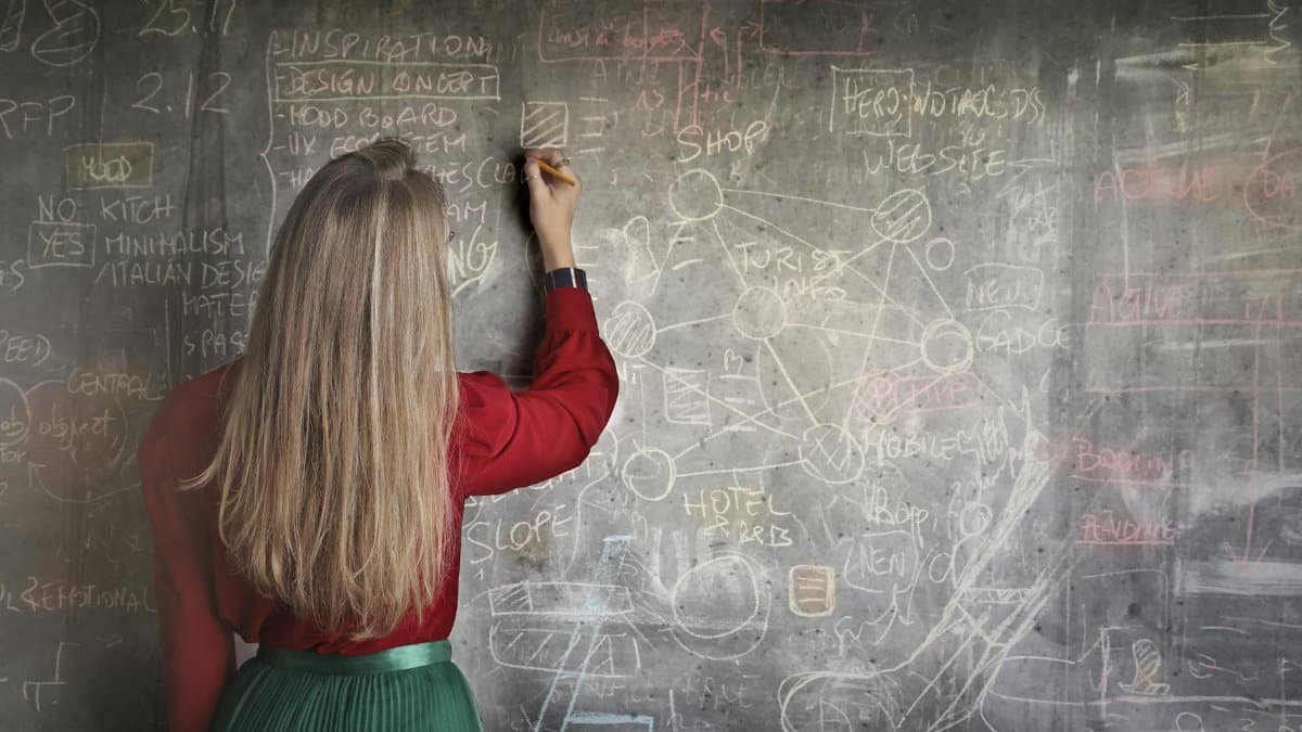 A woman writing and planning on a chalkboard, showcasing creative strategies and concepts.