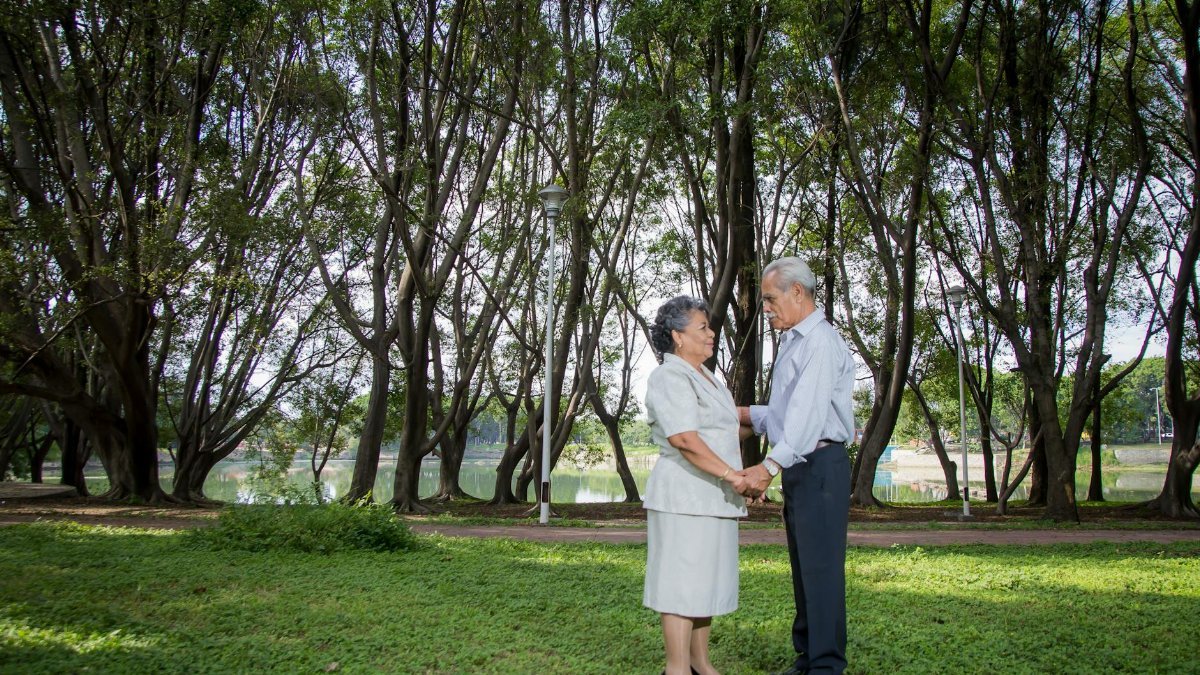 A senior couple standing and holding hands in a lush green park setting.