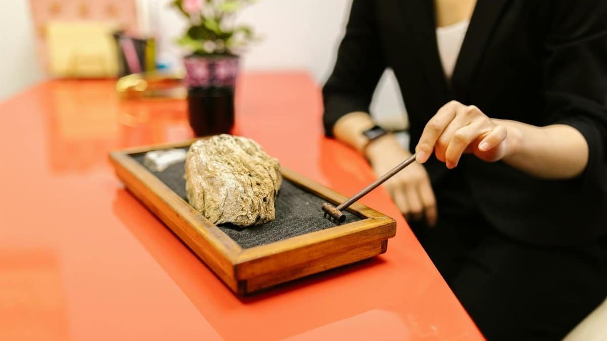 A woman in a black suit rakes a mini Zen garden on a red desk, symbolizing relaxation and mindfulness.