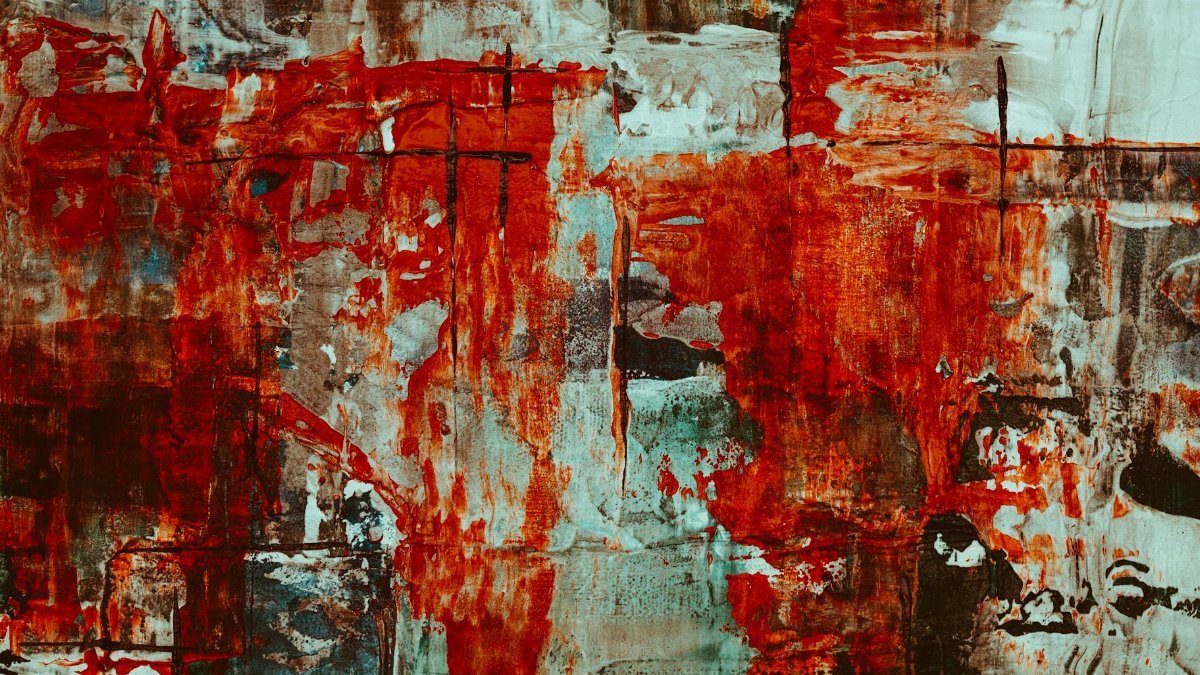 Dynamic abstract artwork with bold red, white, and teal colors in a modern artistic style.