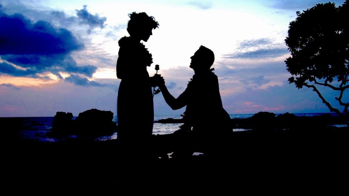 A couple's silhouette during a romantic sunset beach proposal, capturing love at twilight.