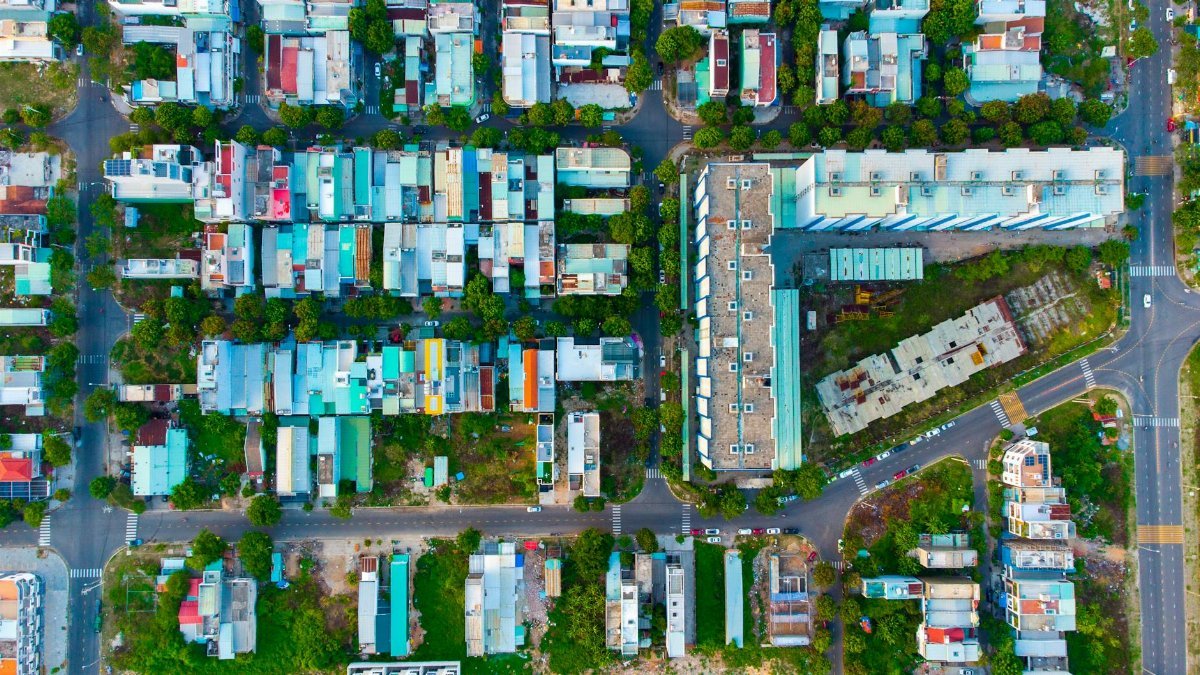 A vibrant aerial shot of a colorful urban neighborhood in Da Nang, Vietnam.