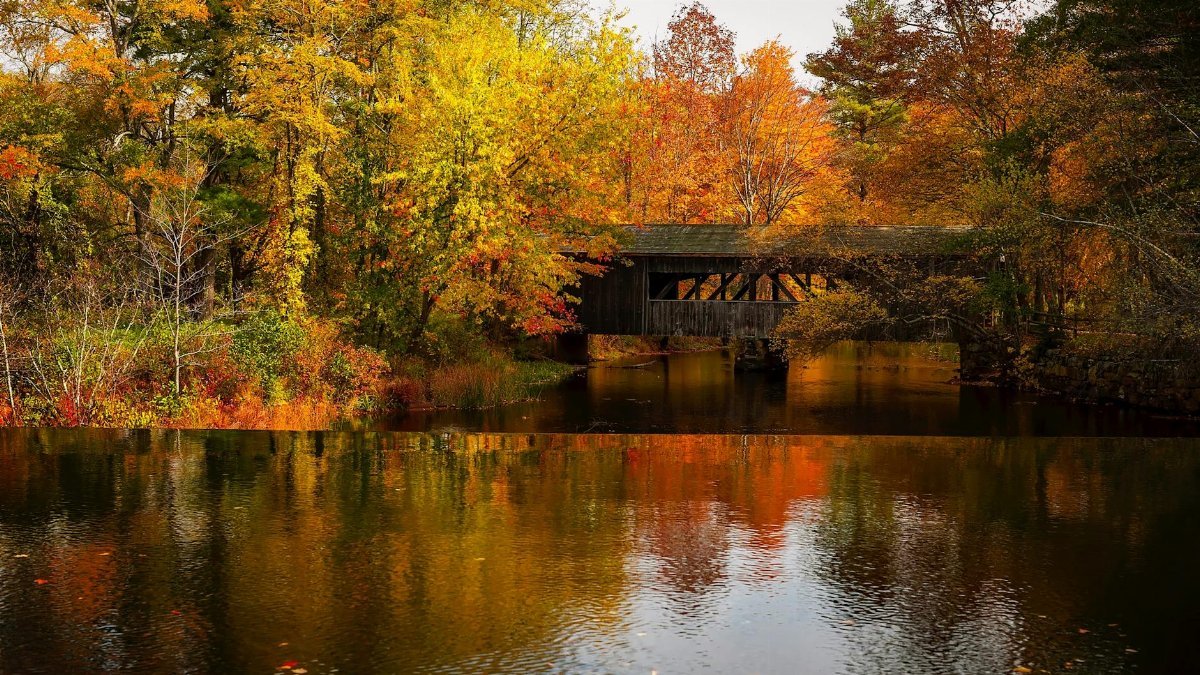 Beautiful autumn landscape with a covered bridge and vibrant fall foliage reflecting on a calm river.