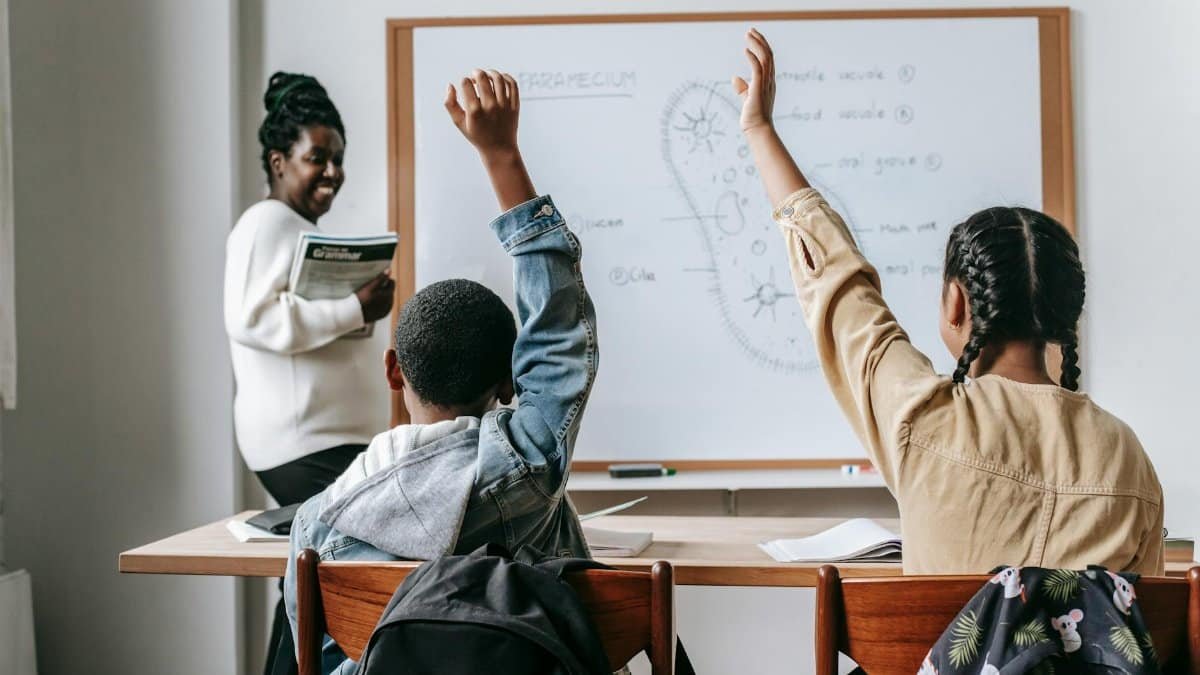 Students actively participating in a biology lesson with a teacher explaining at the whiteboard.