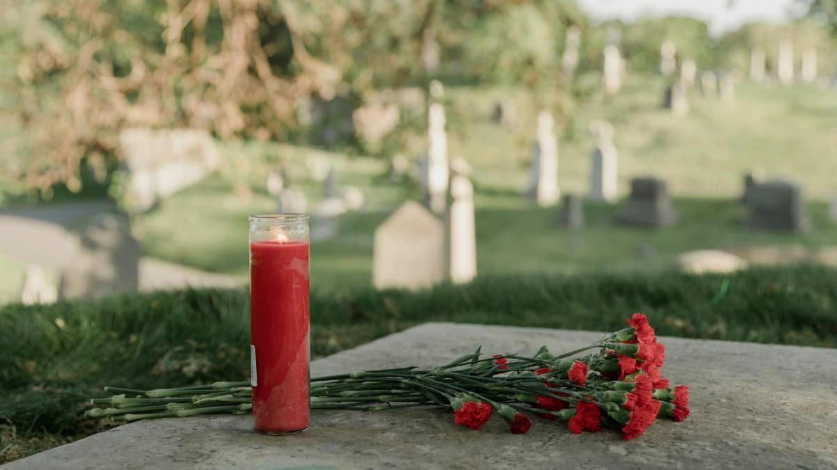 A serene cemetery scene with a red candle and carnations honoring a memory.