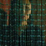 A woman stands behind a beaded curtain, creating a mysterious and elegant atmosphere.