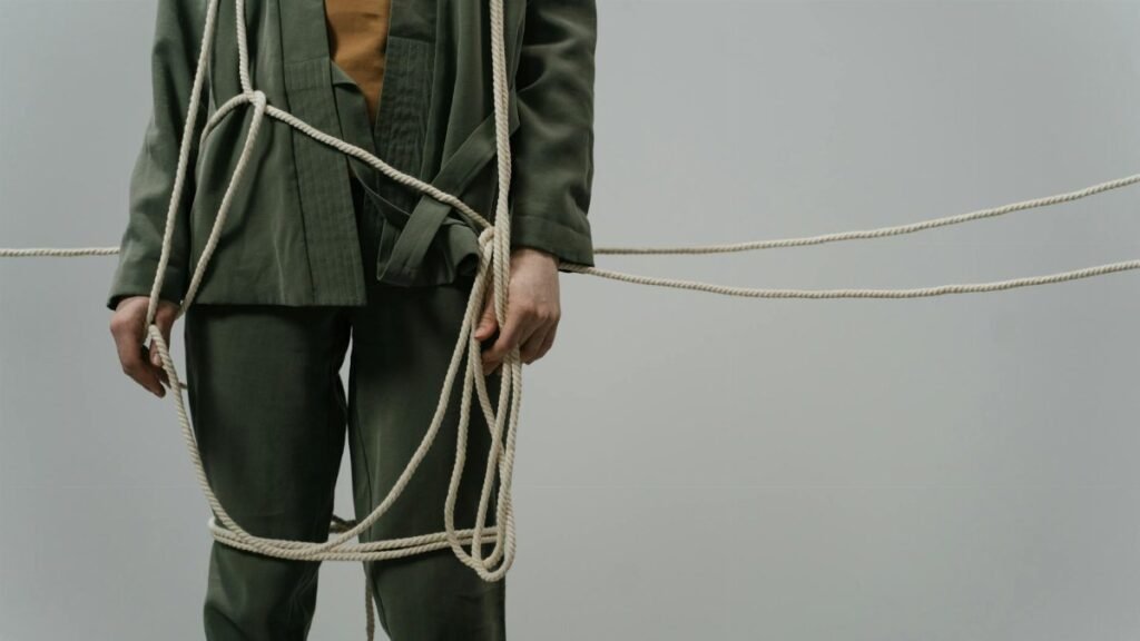 A captivating conceptual photograph showing a person in green clothes tangled with ropes, symbolizing entrapment or struggle.