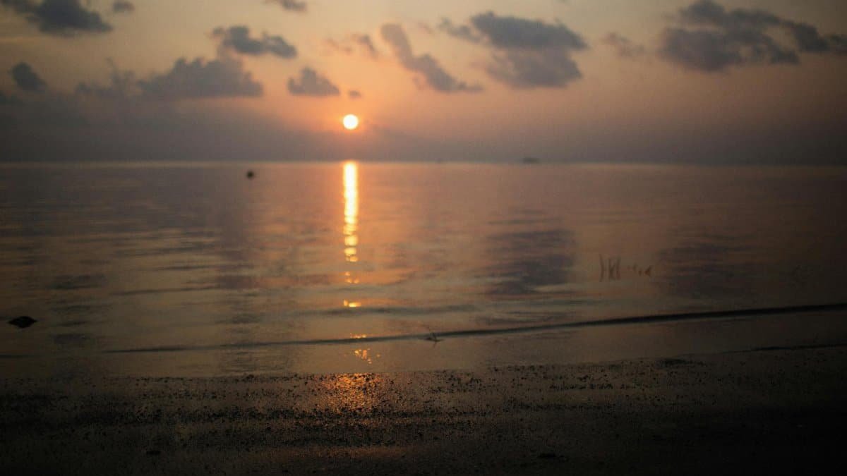 Beautiful sunset over a calm ocean with light reflecting on the water.