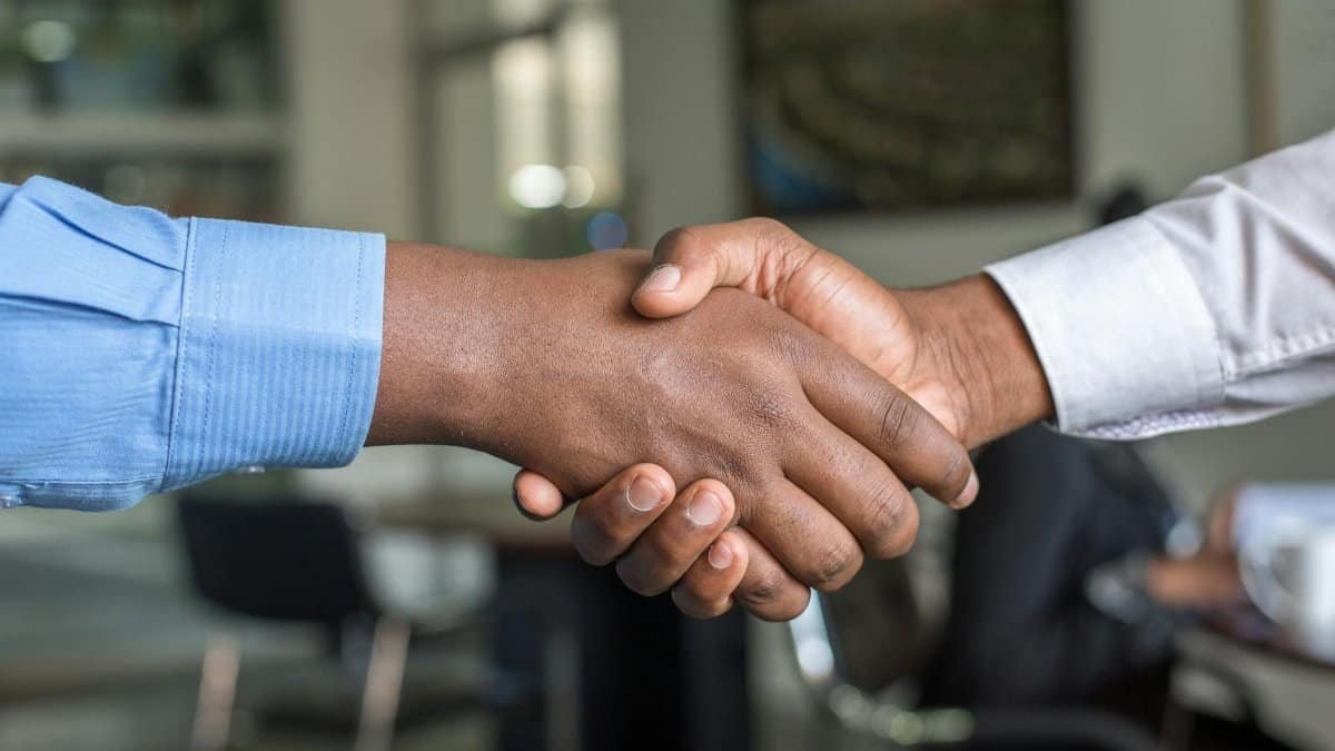 Close-up of two men's handshake symbolizing agreement in an office.