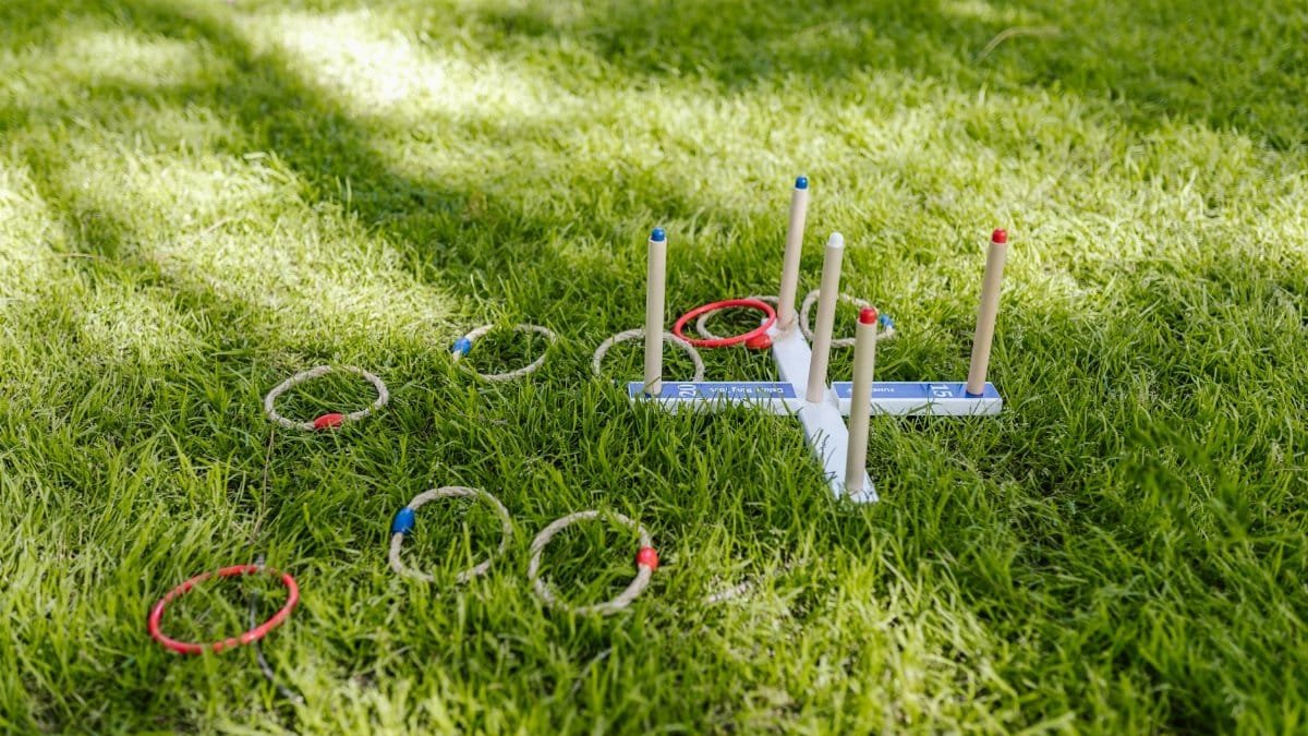 Vibrant outdoor ring toss game set on lush green grass, perfect for summer fun.