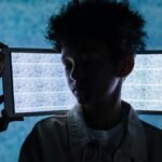 A teenager stands with eyes closed between two tablets showing digital noise, symbolizing information overload.