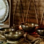 Tibetan singing bowls and gong for meditation and sound healing rituals.