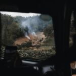 Scenic view of farmland with smoke and forest from inside a vehicle, perfect for nature and travel themes.