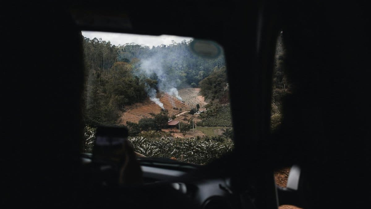 Scenic view of farmland with smoke and forest from inside a vehicle, perfect for nature and travel themes.