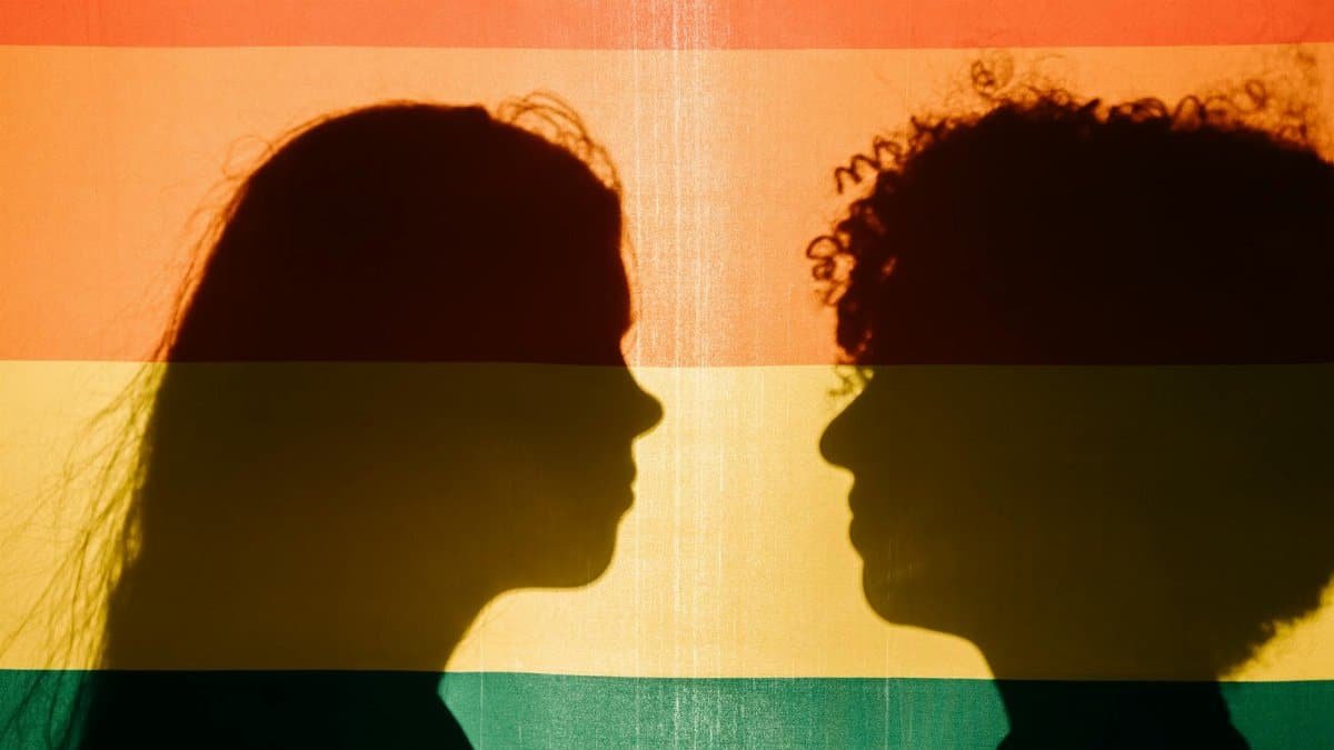 Silhouette of two people behind a rainbow flag symbolizing love, pride, and LGBTQ+ representation.