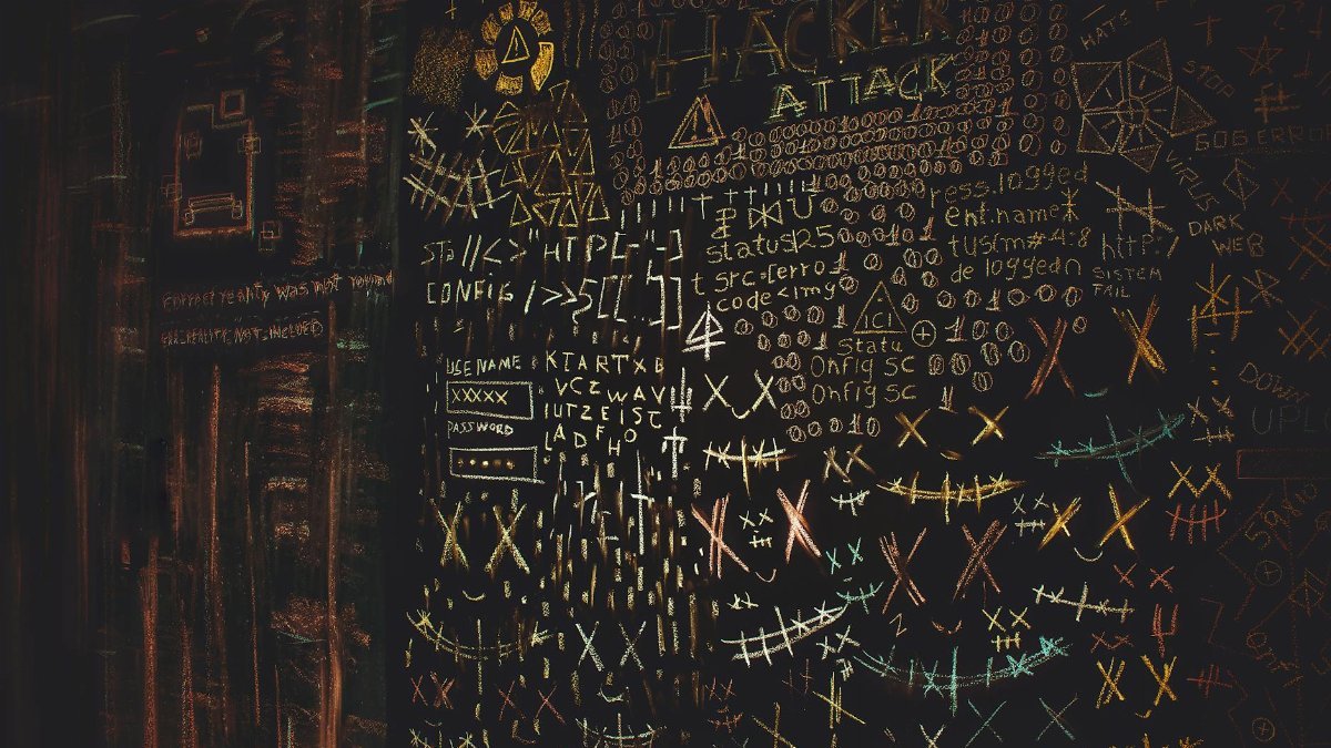 Chalkboard filled with complex cybersecurity and hacking symbols in colorful chalk.