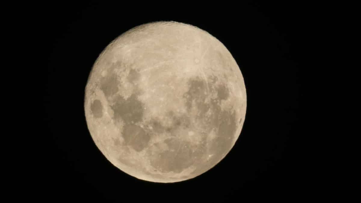 Detailed view of a full moon against a pitch-black night sky.