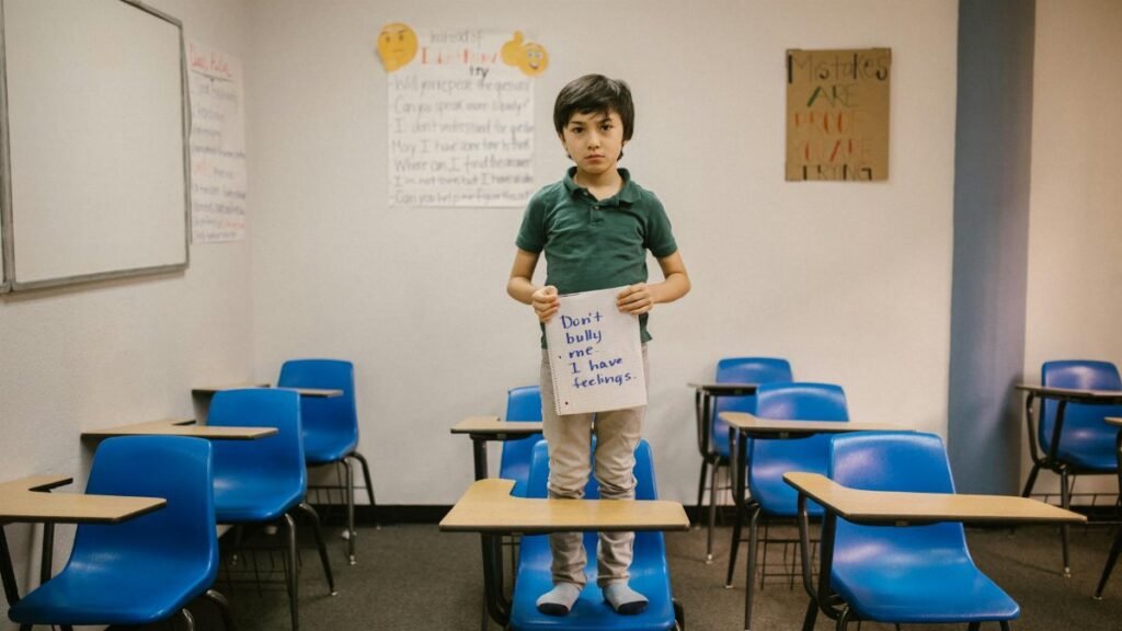 Child standing on desk in classroom holding a sign against bullying, promoting kindness and awareness.