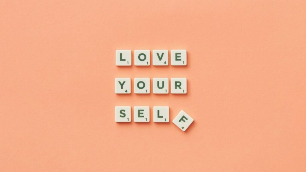 Scrabble tiles spelling 'Love Yourself' on a peach background, inspiring self-care.